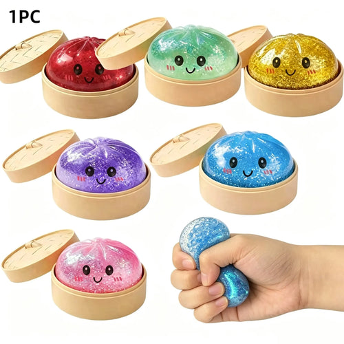 1 Pc Squishy Steamed Bun Stress Ball, Cute Sensory Fidget Toy for Kids & Adults, Glitter Squishy Toys for Stress Relief, Party Favor Gift, Glittery Squishies